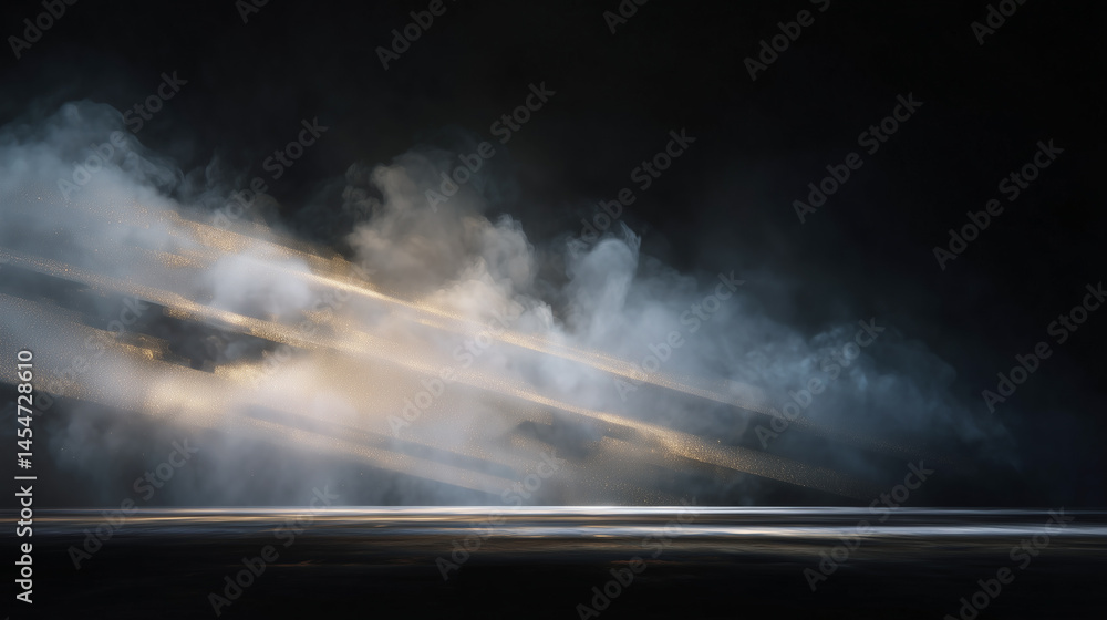 Poster abstract composition of pigment creating dynamic interactions of color and light in a dark atmospher