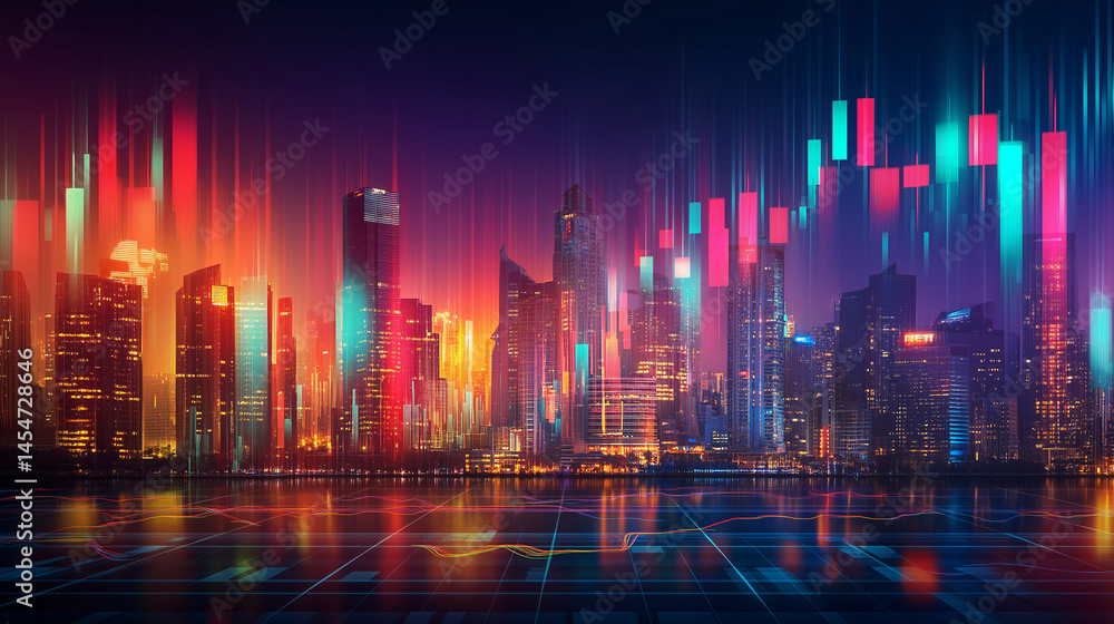 Poster city skyline illuminated at night with colorful financial data visuals and modern architecture refle