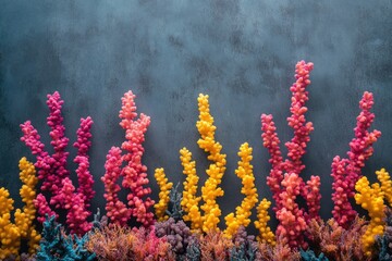 Fototapeta premium Vibrant coral-like structures in pink, yellow, and blue hues arranged against a dark gray background.