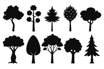 Fototapeta premium Black Tree Silhouette Icons – Diverse Forest and Nature Elements Pack