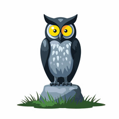 Fototapeta premium Stylized owl carving on pedestal in grassy landscape, minimalist design