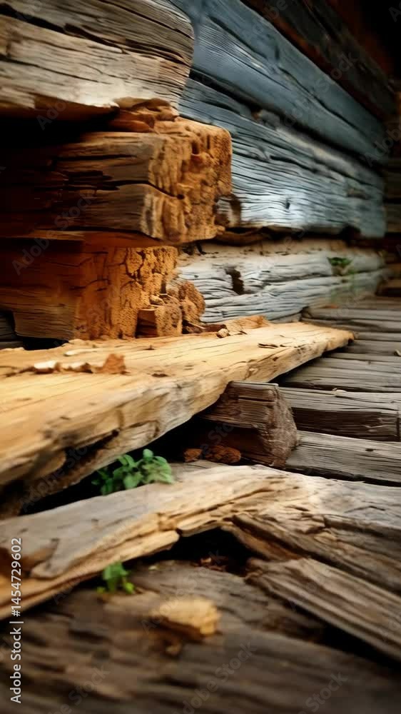 Poster close-up of weathered wooden wall with stacked logs, showing texture and rustic charm with emerging 
