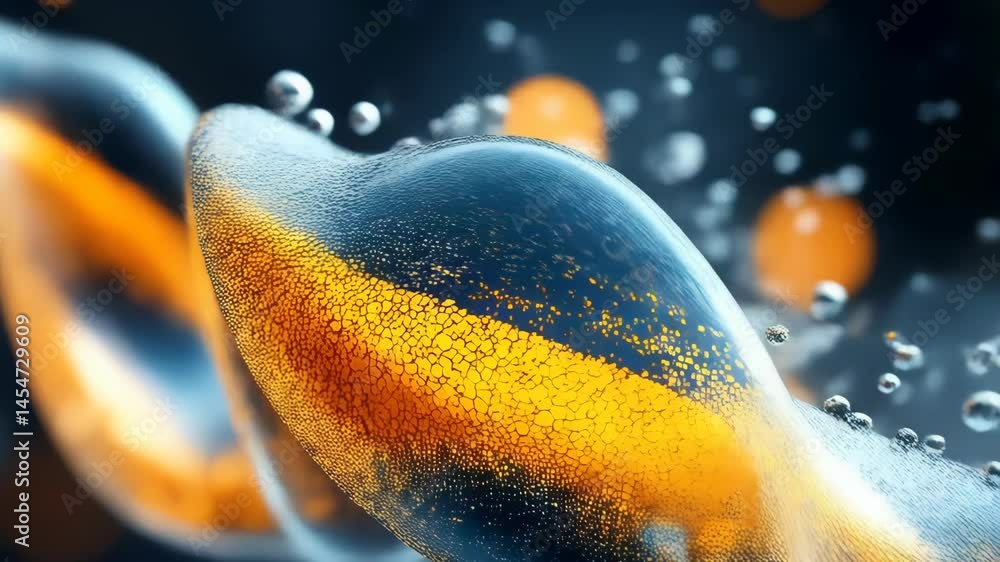 Poster abstract helix form of glowing gold particles within a transparent shell surrounded by smaller bubbl