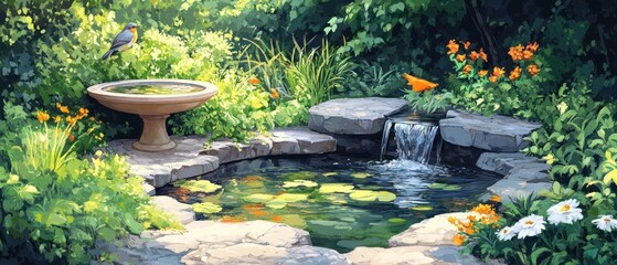 Pond featuring waterfall displays tranquil garden scene, enhanced by birdbath, robin, various flowers, lush foliage.