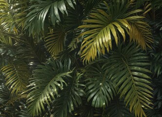 Deep green & gold palm leaves, sunlight dappled, rich texture , exotic, tropical leaves, shadow