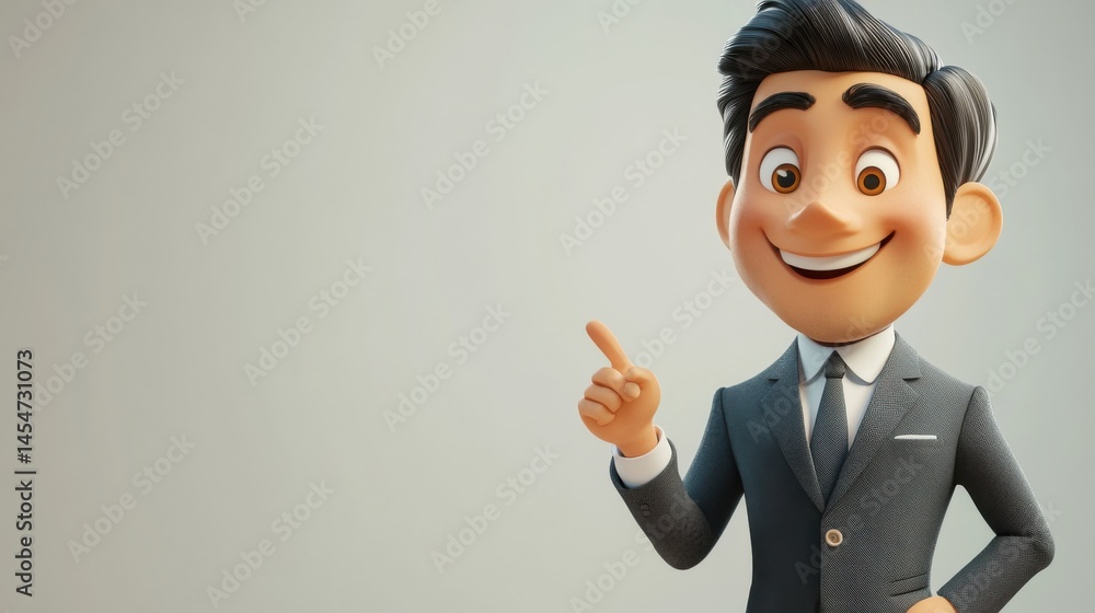 Poster cartoon character of a man with an oversized head, dressed in a suit, pointing to the right side wit