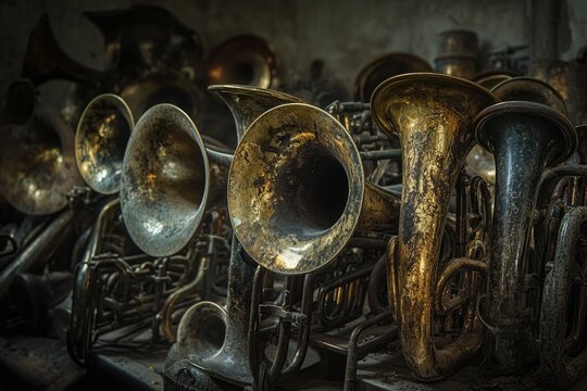 A collection of vintage brass instruments, tarnished with age and dust, sits in a dimly lit room.