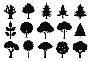 Fototapeta premium Tree Silhouettes Collection – Black Forest, Nature, and Botanical Icons Set