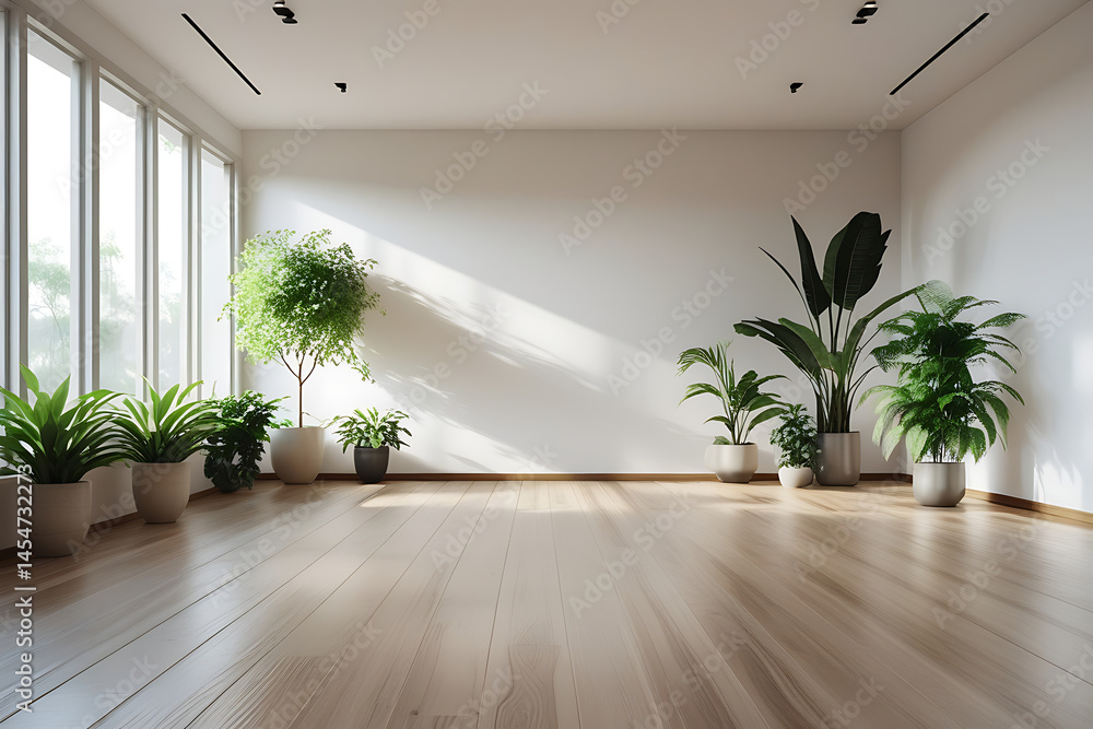 Poster modern interior design showcases an empty room with a large window offering a view of the outside, h