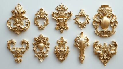 Elegant Golden Baroque Ornament 3D Set on White Background