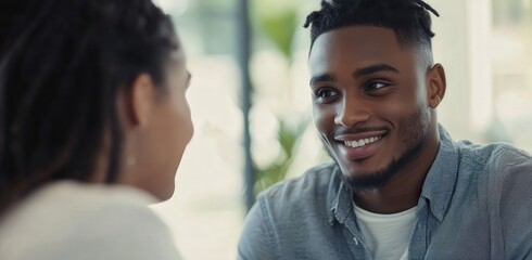 Fototapeta premium Confident young businessman smiling and engaging with female colleague in modern office, close-up portrait with sharp focus and professional lighting.