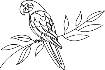 Obraz premium Minimalist Line Art Of A Parrot Perched On A Branch With Leaves Vector