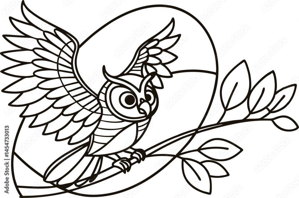 Poster outlined owl with spread wings perched on a branch in front of moon