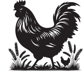 rooster and hen, hen chicken icon silhouette vector style with white background