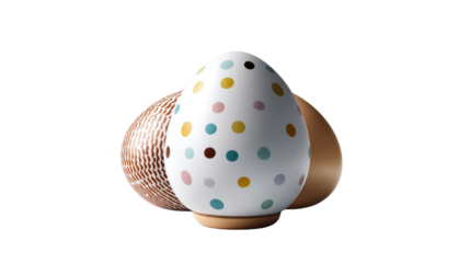 Easter Egg: The central egg, adorned with colorful polka dots, shines prominently, flanked by a textured bronze egg and a solid wooden egg, embodies the joy and celebration of Easter.