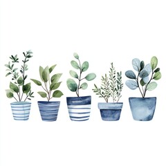 Obraz premium A watercolor illustration depicts several potted plants in a row