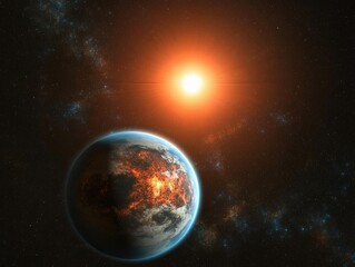 Obraz premium Celestial view of a planet near a bright star.