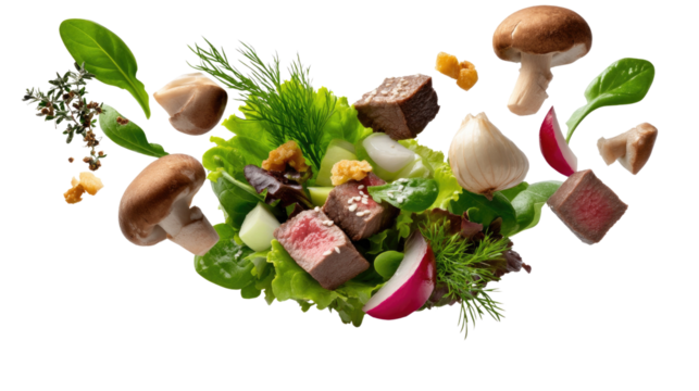 Floating Salad with Culinary Ingredients: A culinary still-life showcases an artful array of fresh greens, mushrooms, radishes, and herbs, composing a vibrant, appetizing salad ready to be enjoyed.