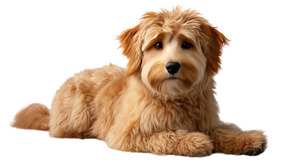 Golden Doodle's Tender Gaze: This image portrays a charming golden doodle in a studio, radiating gentle warmth with a serene look, embodies companionship and affection.