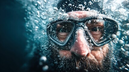 Naklejka premium Man submerged in water, wearing goggles, eyes wide open