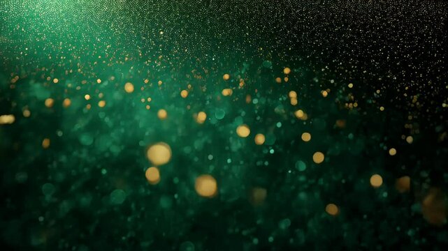 Elegant emerald green backdrop with golden bokeh lights, abstract particles floating and sparkling, soft depth of field and blurred shapes