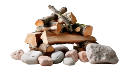 Firewood Preparation: A neat arrangement of stacked firewood and stones, ideal for an outdoor bonfire. This image is ideal for showcasing nature's resources.