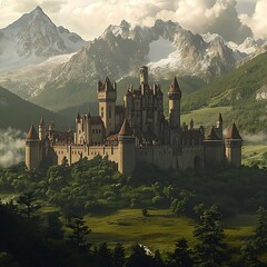 View of medieval castle with mountain background