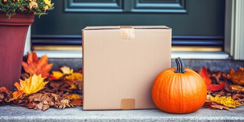 Autumnal delivery on the doorstep with a pumpkin and cardboard box.