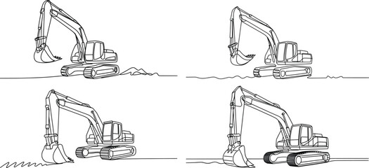Excavator Line Art, Continuous Heavy Equipment Outline Drawing. © Raihan