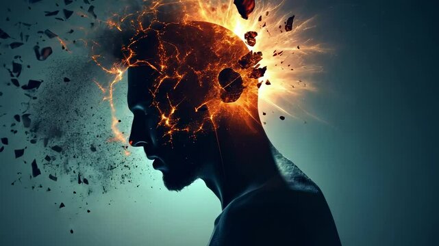 Mental pressure building inside human mind, gradually escalating through dramatic stages of psychological breakdown, visualizing intense emotional stress shattering mental boundaries