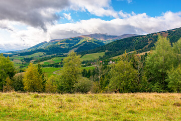 Fototapeta premium mountain landscape in early autumn for travel. alpine scenery with forest in colorful foliage. beautiful countryside valley with rolling hills. view of carpathian range under sky with clouds