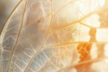 Close-up of a delicate, translucent leaf vein structure, illuminated by sunlight.