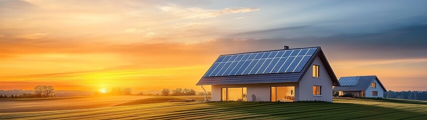 Fototapeta premium A modern house with solar panels in a field at sunset.