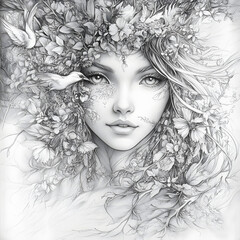 Mystical forest goddess with floral crown, birds, butterflies, and serenity