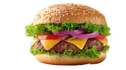 Savory Burger Delight: A mouthwatering close-up of a classic burger, featuring a sesame-seed bun, juicy patty, melted cheese, fresh vegetables and onion