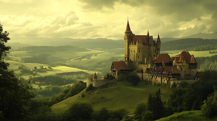 Naklejka premium Enchanting castle surrounded by fog and mountains