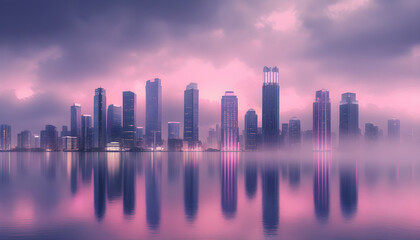 Obraz premium Futuristic pink skyline with glowing buildings and water reflection in dreamy urban landscape
