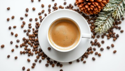 Obraz premium Cozy coffee cup surrounded by coffee beans and pinecones, perfect for autumn vibes.