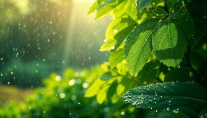 Lush green leaves with raindrops glistening in sunlight during rainfall concept