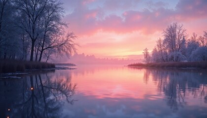 Stunning sunset reflected in foggy river with frosty trees along the shore concept