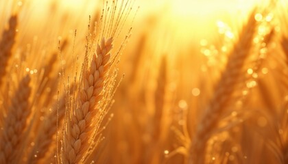 Golden wheat field glistening with dew in warm sunlight during sunrise concept
