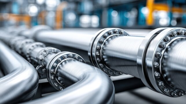 Metal pipes with flanges convey something along the pipeline