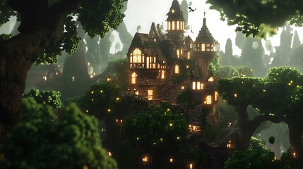 Fantasy kingdom in a vibrant, colorful forest