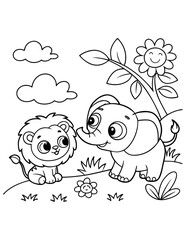 Cute cartoon animals, baby lion and elephant friends, coloring book style, black and white line art