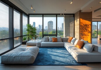 Contemporary living room with city views and modern furniture.