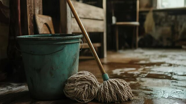 Cleaning a rustic room with a mop and bucket while rainwater leaks from the ceiling in an abandoned space