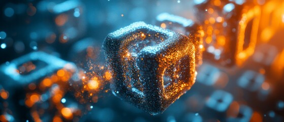 Fototapeta premium Abstract glowing cubes shimmer with particles, creating interconnected network, suggesting digital art futuristic design.