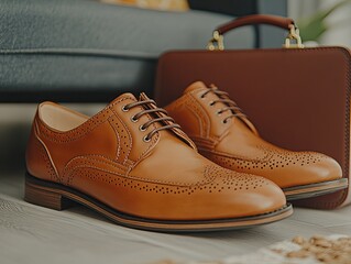 Elegant brown leather brogues and a small briefcase.