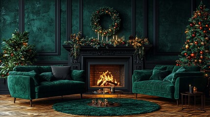 Luxurious emerald green Christmas living room with fireplace and decorative accents