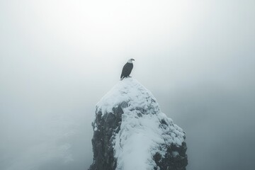 A majestic bald eagle perched atop a snow-covered rocky peak in a misty landscape.